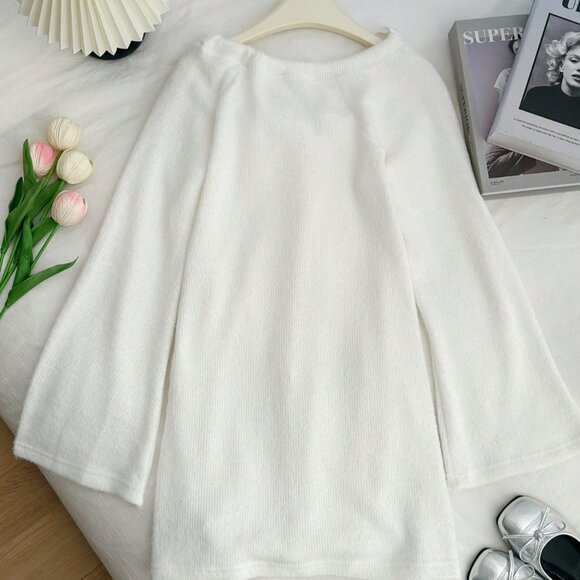 White Romantic Women's Furry Knitted Warm Flare Sleeve Backless Bow Tie Dress - Picture 4 of 6